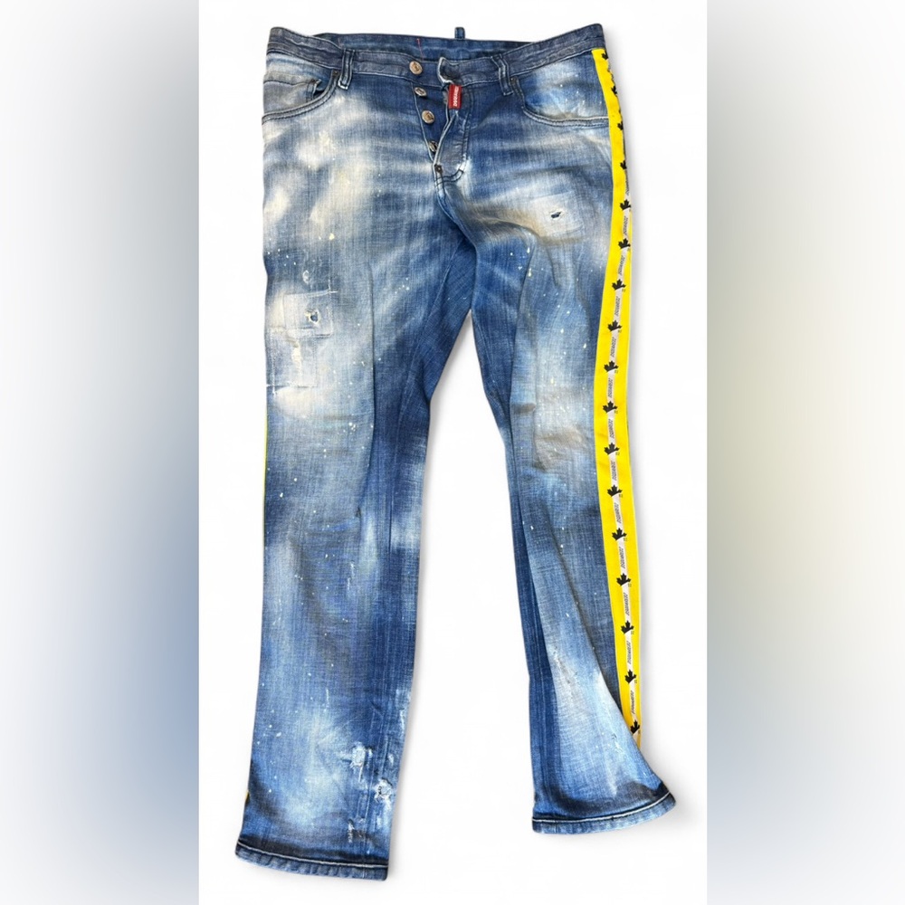 Dsquared2 Skater Jeans IT 46 Paint Splatter Yellow Stripe Distressed Denim